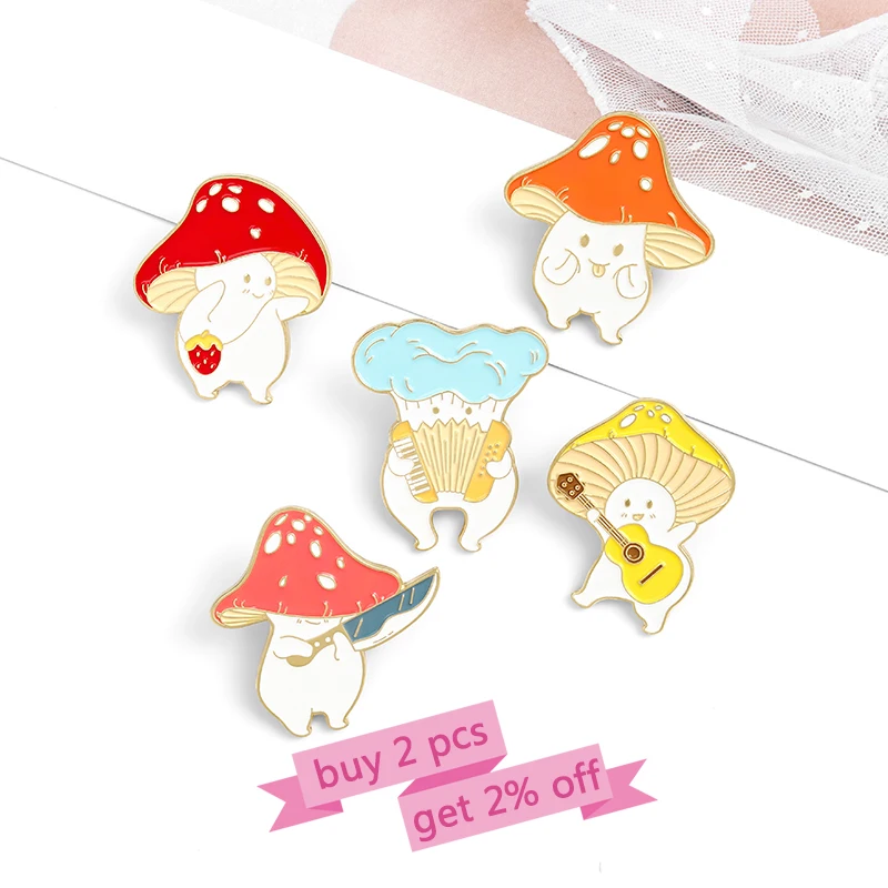 Mushroom Enamel Pin Custom Funny Guitar Accordion Brooches Bag Lapel Pin Cartoon Cute Badge Plant Jewelry Gift for Kids Friends