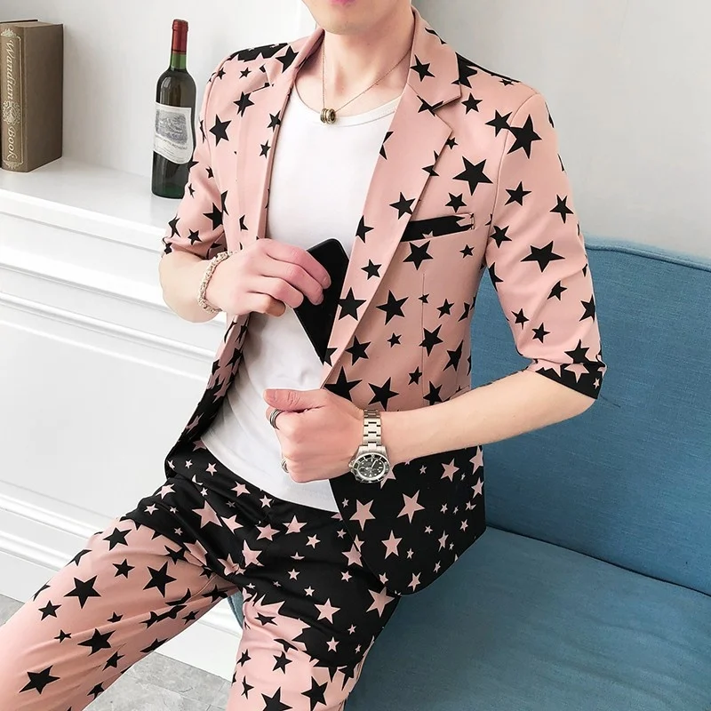 

Star Five-Pointed Print Suits Two-Piece Sets Lapel One Button Middle Sleeve Blazers Ankle-Length Pants Summer Slim Fit Korean