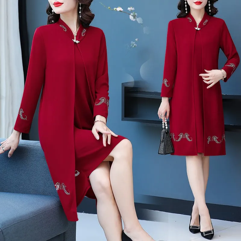 Middle-aged Mother Autumn and Winter Women's Bress Women's Clothing Vestidos Fake two Western Style Jacket Feast dress