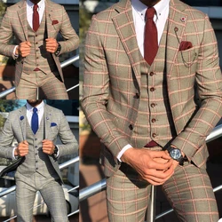 New Check Men Tuxedos Vintage Smart Casual 3 Pieces (Vest + Blazer + Pants ) Fashion Daily Business High Quality Jacket