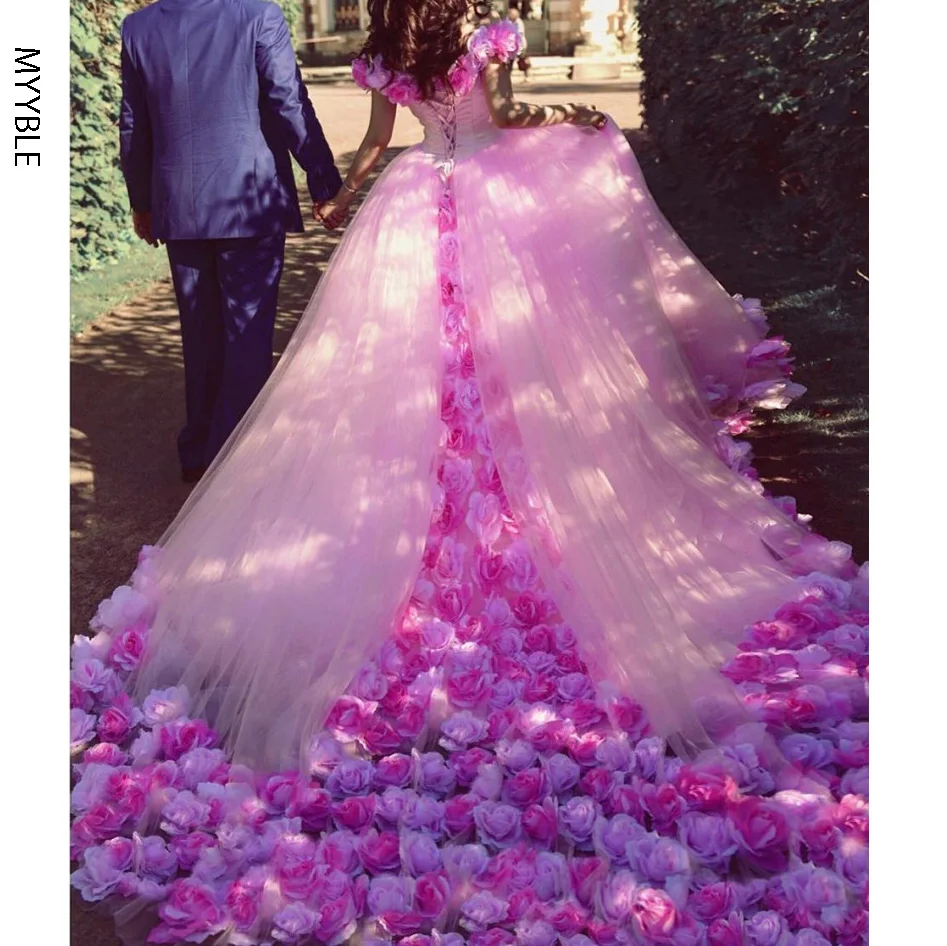 Personalizado rosa quinceanera vestidos princesa cinderela com flor 3d fora do ombro elegante tule vestido de festa doce 16 vestido