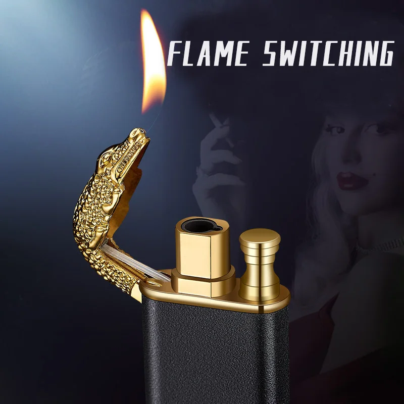 New Blue Flame Metal Crocodile Dolphin Double Fire lighter creative Direct Windproof Open Fire Conversion Lighter, Man\'s Gift