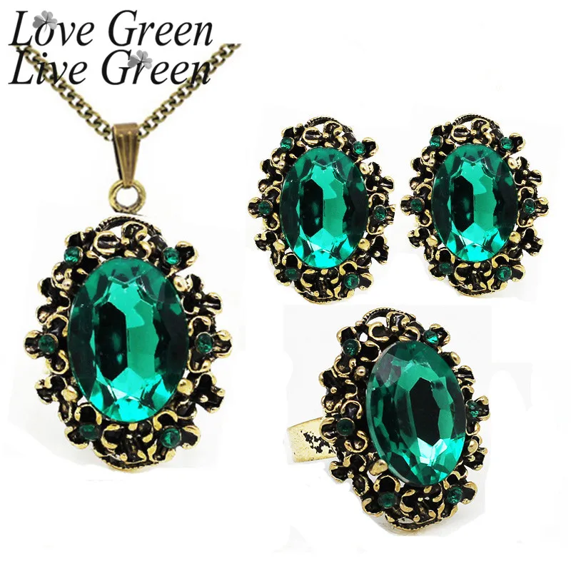 Princess Kate Crystal Blue Jewelry Sets 18k Gold Plated Emerald Green Wedding Necklace Earring Ring Womens Dubai Gold Jewellery