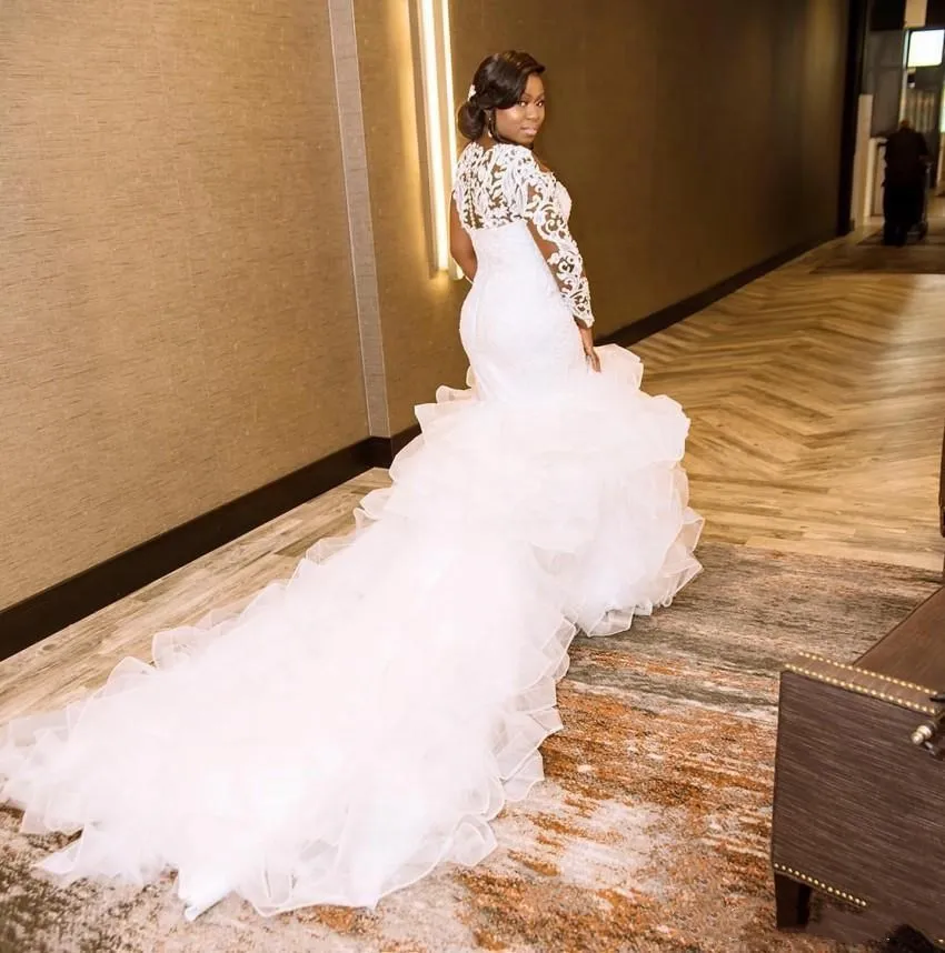 Robe de mariée africaine en Tulle et sirène blanche, grande taille, avec Appliques en dentelle, col rond, manches longues, Train Court, nouvelle collection