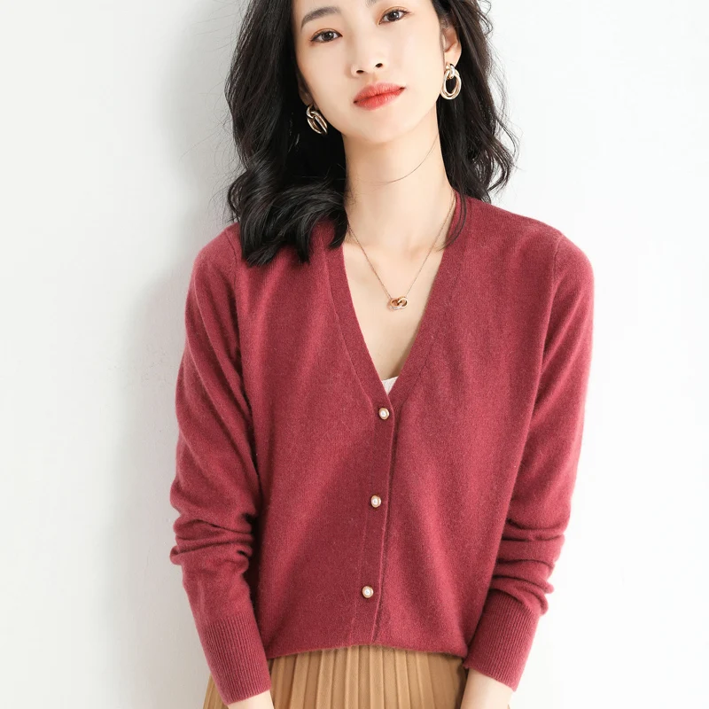 New Style Spring Autumn Cashmere Wool Women Sweater Casual Knit V-Neck Cardigan Warm Soft Wild High Quality Solid Color