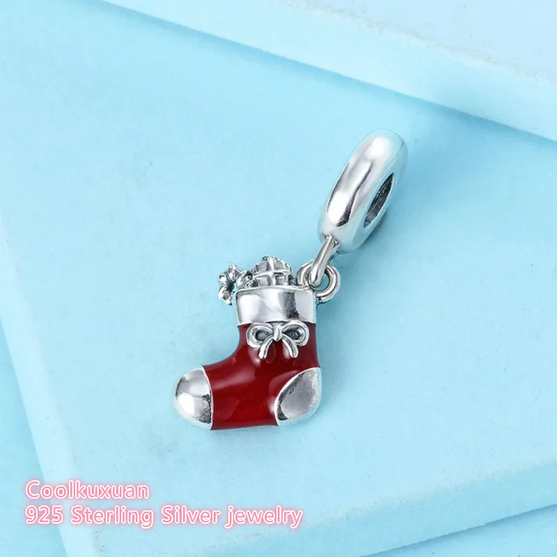 

Winter Original 925 Sterling Silver Christmas gift Red Enamel Festive Stocking Dangle Beads Fit Pandora Charms Bracelet