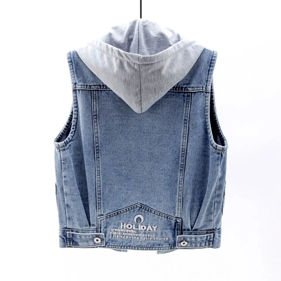 Fashion Hooded Denim Waistcoat Women 2021 New Spring Autumn Big Pocket Sleeveless Jean Jackets Outwear Vest