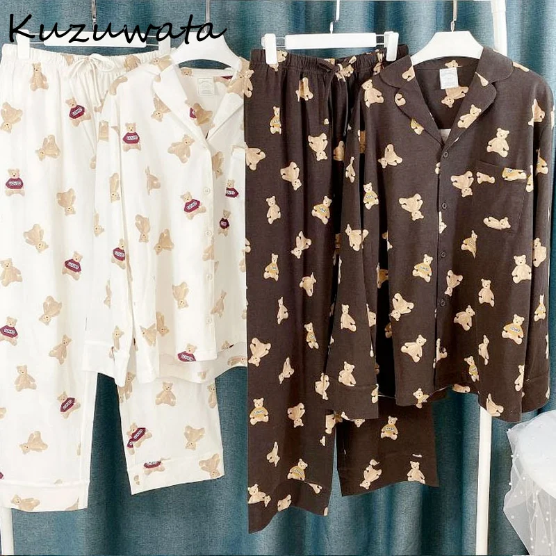 Kuzuwata 2024 New Women Sleepwear Couples Cute Bear Print Home Wear Lapel Long Sleeve Trousers Loose Comfortable Pajamas Suits