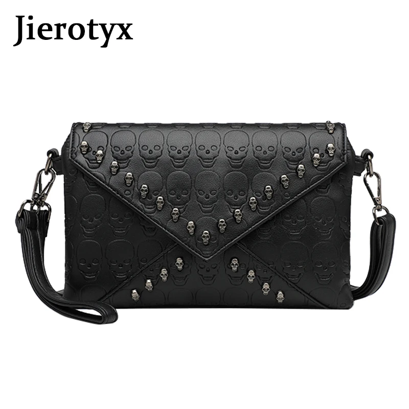 JIEROTYX Women\'s Fashion Tote Skull Prints And Skull-Shaped Rivets Messenger Travel Crossbody Femininas Black Punk Handbags