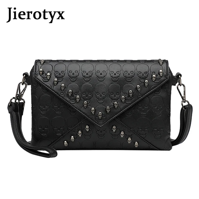 JIEROTYX moda damska torebka z nadrukami czaszki i nity w kształcie czaszki Messenger torba podróżna na ramię Femininas czarne torebki Punk