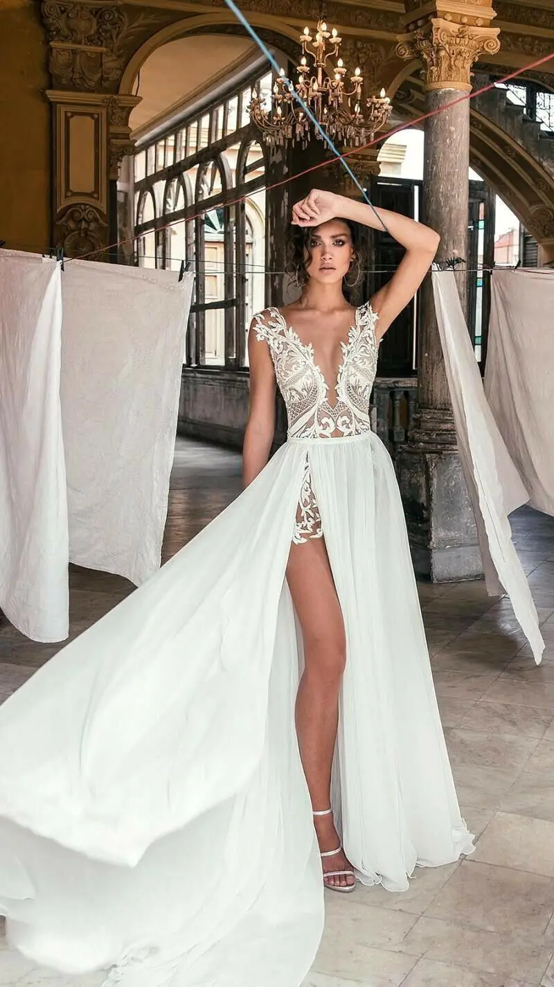 Vestidos De Novia sexis personalizados con cuello en V profundo gasa con abertura lateral Apliques De encaje Vestido De Novia sin espalda hasta el