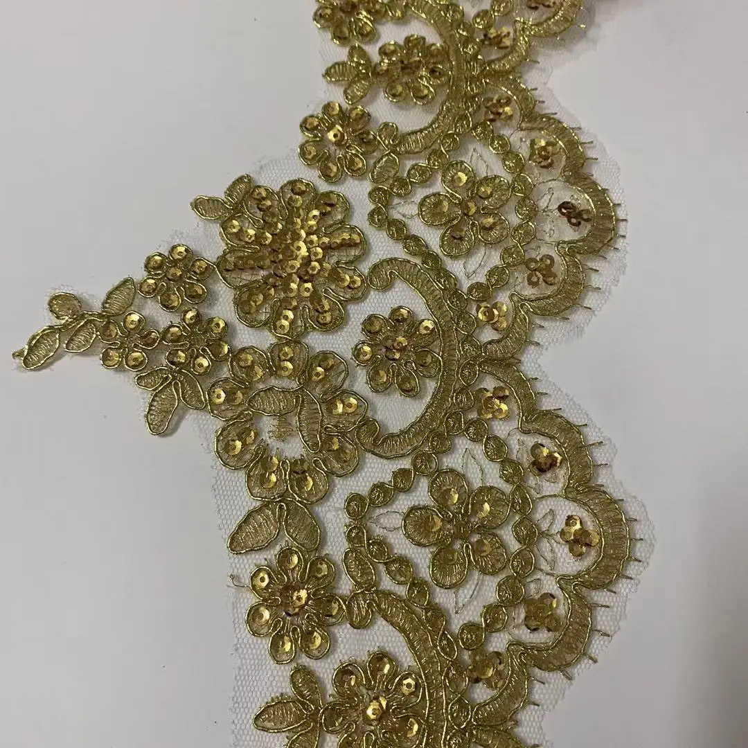 2yards Sequin Gold Thread Lace Flower Applique Trim Edge Handmade diy Material Wedding Clothing Applique Flower Timimg 13cm wide