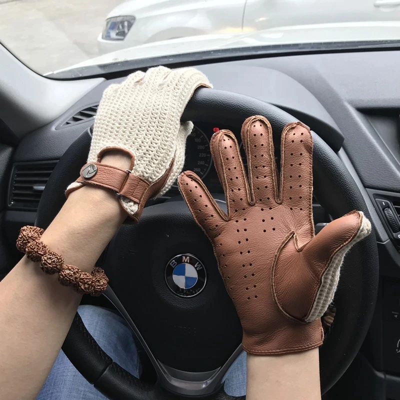 Guantes de cuero para hombre, accesorios de moda, Crochet, transpirables, para conducir, motocicleta, sin forro, gimnasio, locomotora