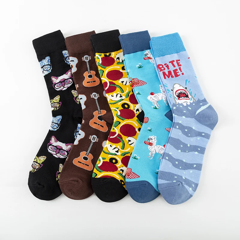 MODA MULAYA Happy Socks Men/Women Color Series Guitar Shark White Alpaca Mushroom Cat Head European Funny Socks Outdoor Sports