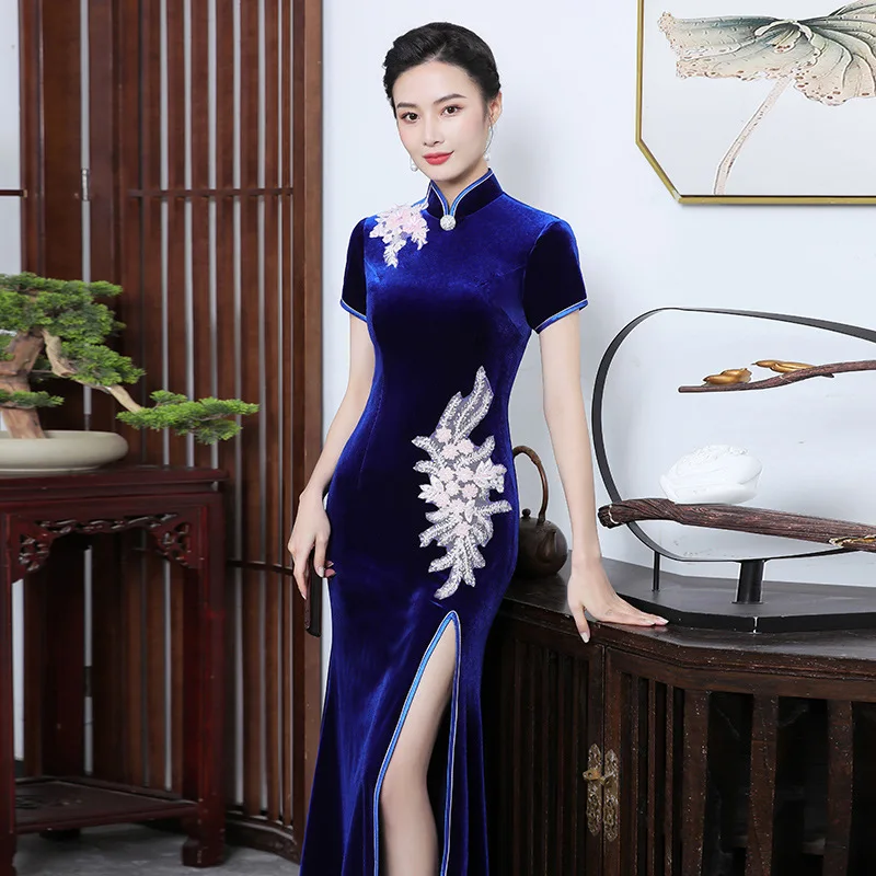 Women New Velour Long Mandarin Collar Cheongsam Wedding Evening Party Fishtail Dress Chinese Classic Button Qipao Novelty