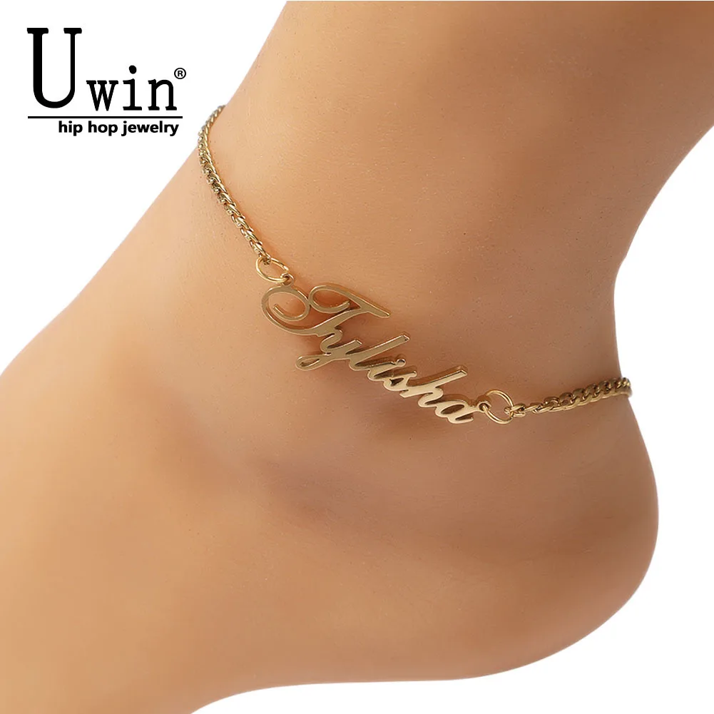 

Uwin Name bracelet Letters With Cuban Chain Stainless Steel DIY Personalised Initial anklets Jewelry Gift