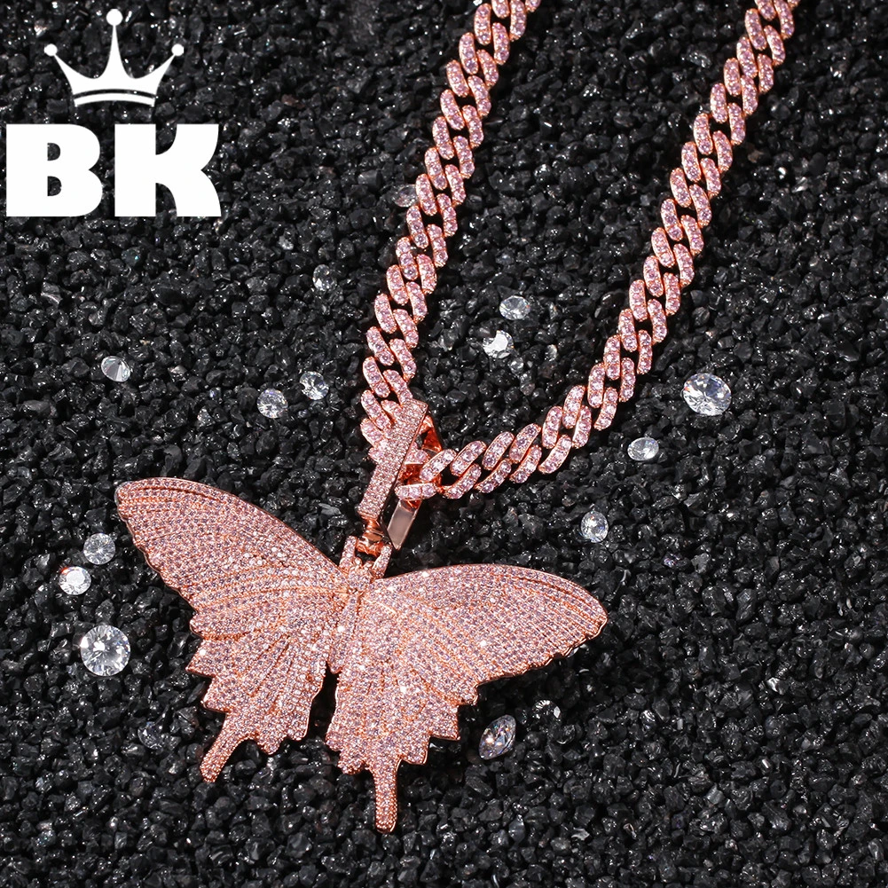 HIP HOP Custom Pink Butterfly Pendant Necklace Combination Words Name With Big Clasp Chain Full Iced Cubic Zirconia Jewelry