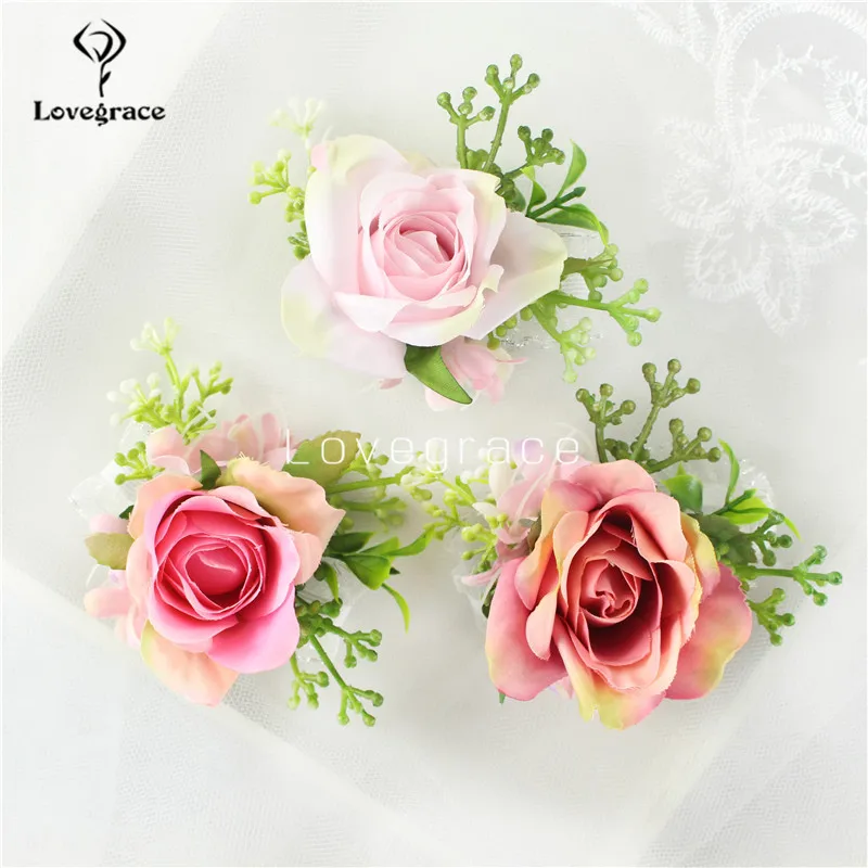 Lovegrace Blume Im Knopfloch Blume Hochzeit Braut Handgelenk Corsage Mädchen Armband Seide Rose Prom Party Männer Knopfloch Pin Frauen Corsagen