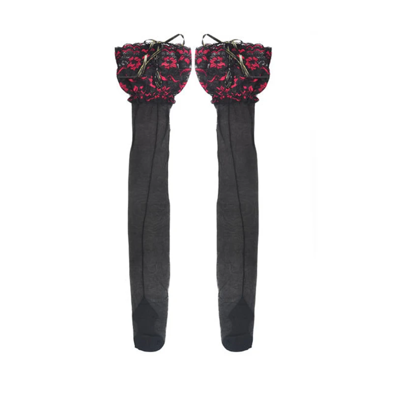 Black Maid Sexy Heel Back Sheer Stocking Wide Lace Cuban Heel Seam Hold Up Silicone Floral Top Thigh High Cross Bandage Stocking