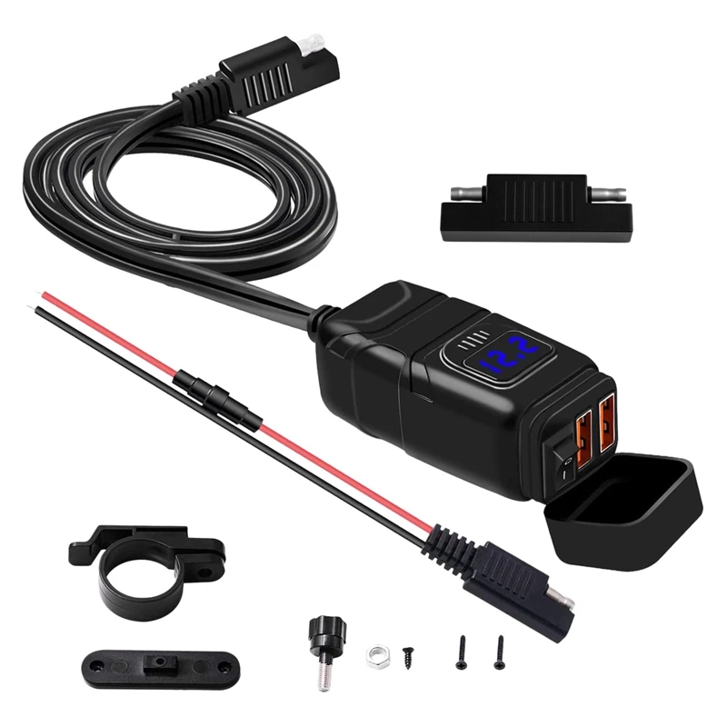 Waterproof Motorcycle Dual USB Fast Charger Port Power Adapter Voltmeter & On/Off ,for Phone Gps Tablet Etc