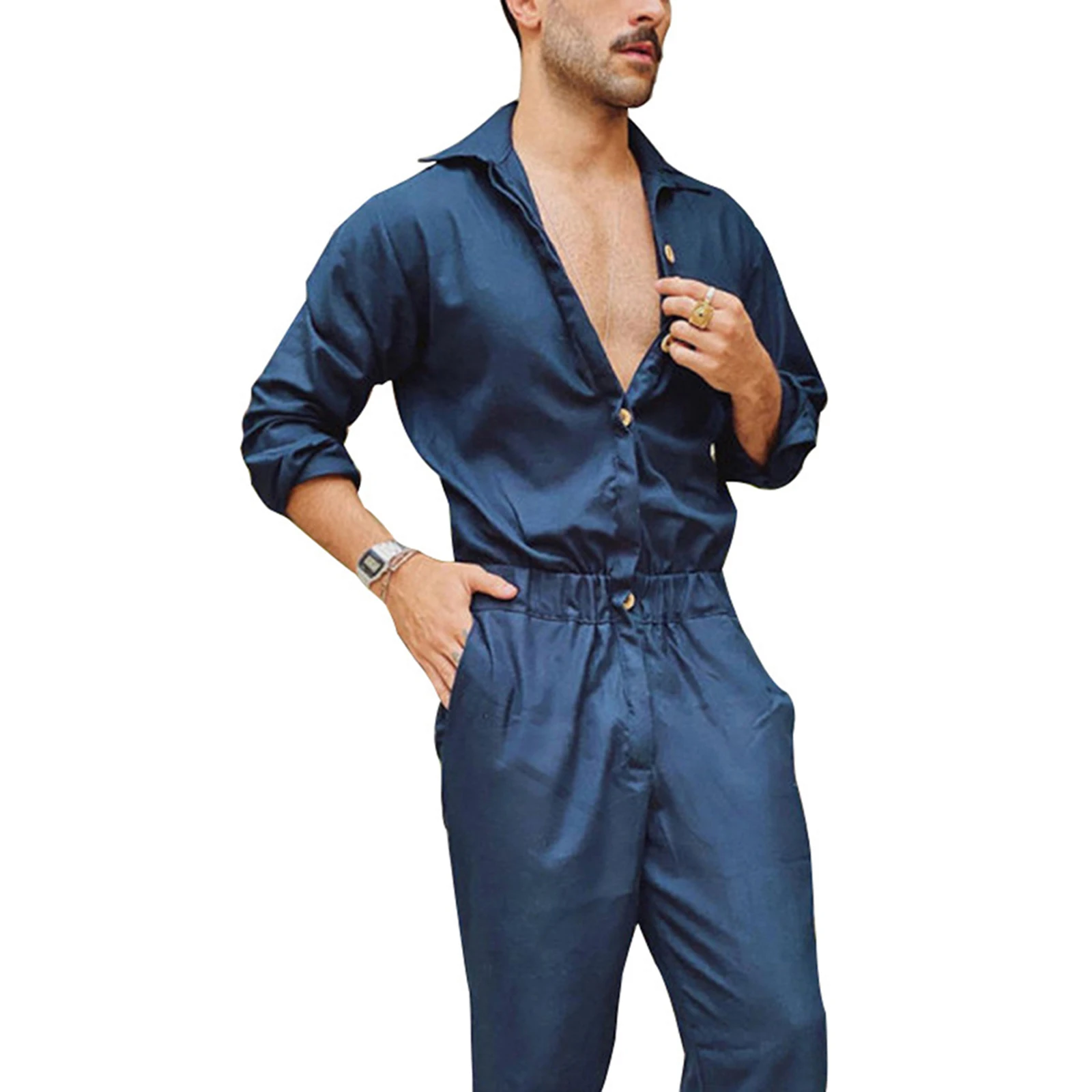 Men’ s Overalls Long Pants Fashion Casual Button Jumpsuit Solid Color Turn-Down Collar Long Sleeve Playsuits Romper for Male