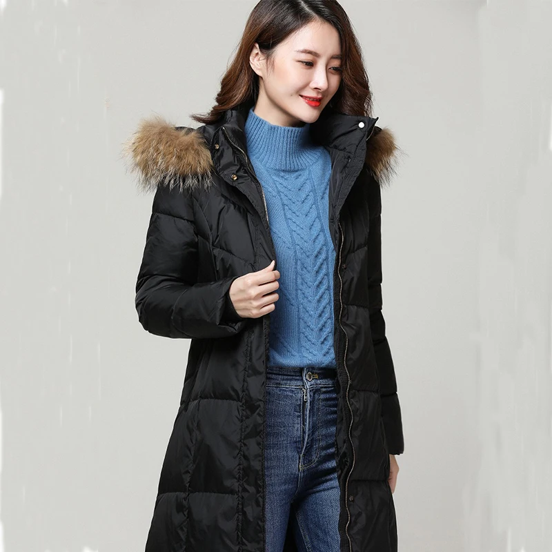 Winter Female Jacket with Raccoon Fur Hooded 90% Duck Down Coat Women Clothes 2020 Korean Warm X-Long Coat Hiver LW1398