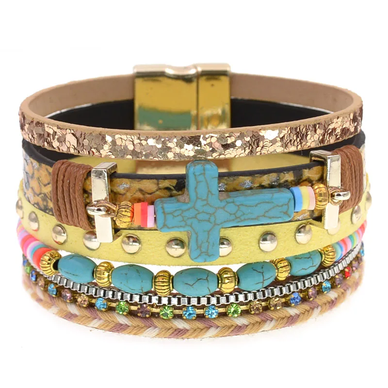 WELLMORE bohemia leather bracelets for women stone beaded corss multilayer bracelets charm Bracelets Female fashion Jewelry