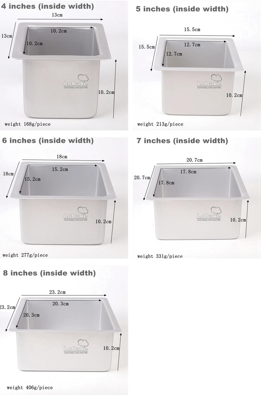 4 5 6 7 8 inches inside width square cube shape smooth anodizing aluminium ancient taste cake mold toast maker DIY oven bakeware - view 2