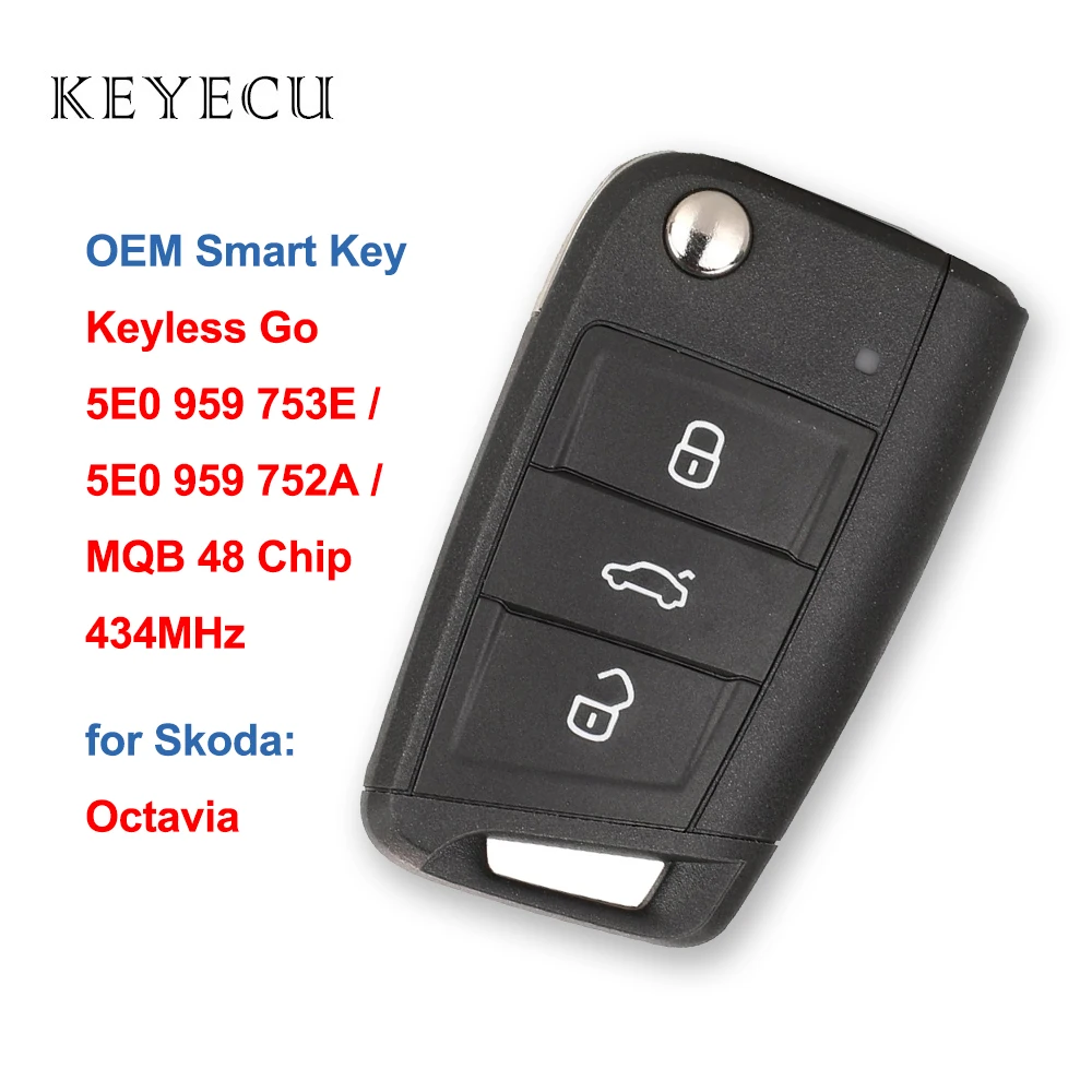 Keyecu Keyless Go Smart Remote Car Key Fob 434MHz MQB 48 Chip for Skoda Octavia FCC ID: 5E0 959 753E, 5E0 959 752A