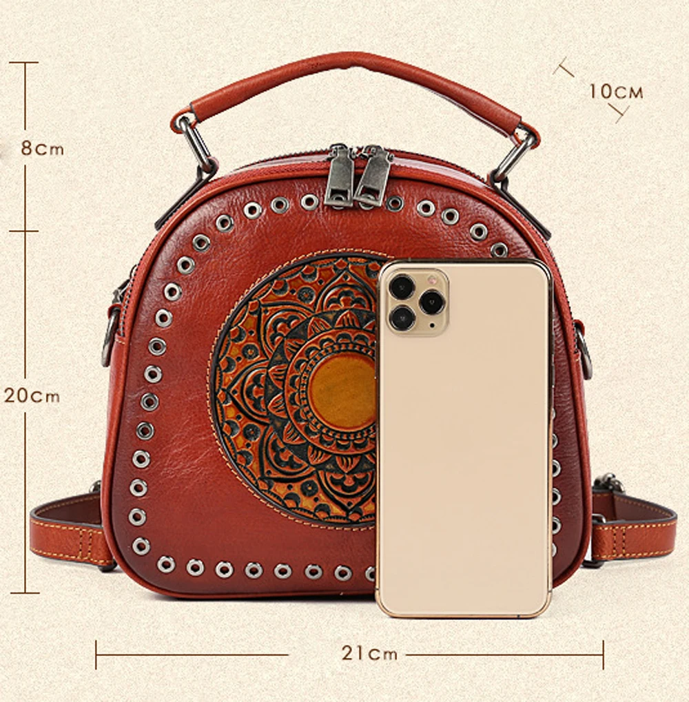 Original Head Layer Cowhide Fashion Round Hole Totem Women Bag Large Capacity Retro Contracted Fashion  Shoulder Bags