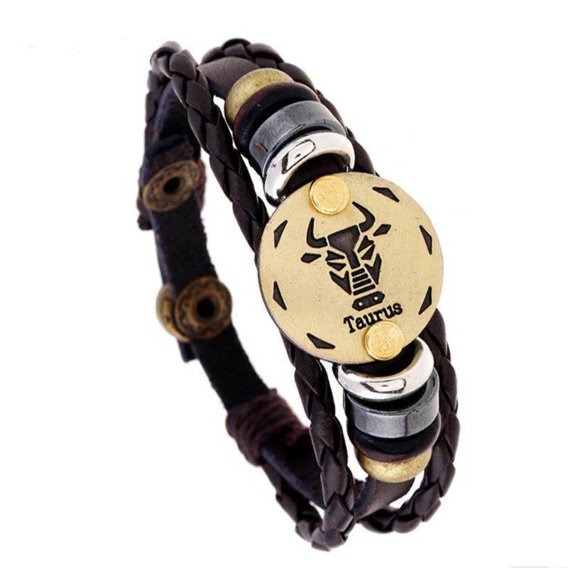 12PCS Punk 12 Zodiac Signs Leather Bracelet Multilayer 12 Constellations Bracelets Men Alloy Vintage Snap Button Bead Bangle