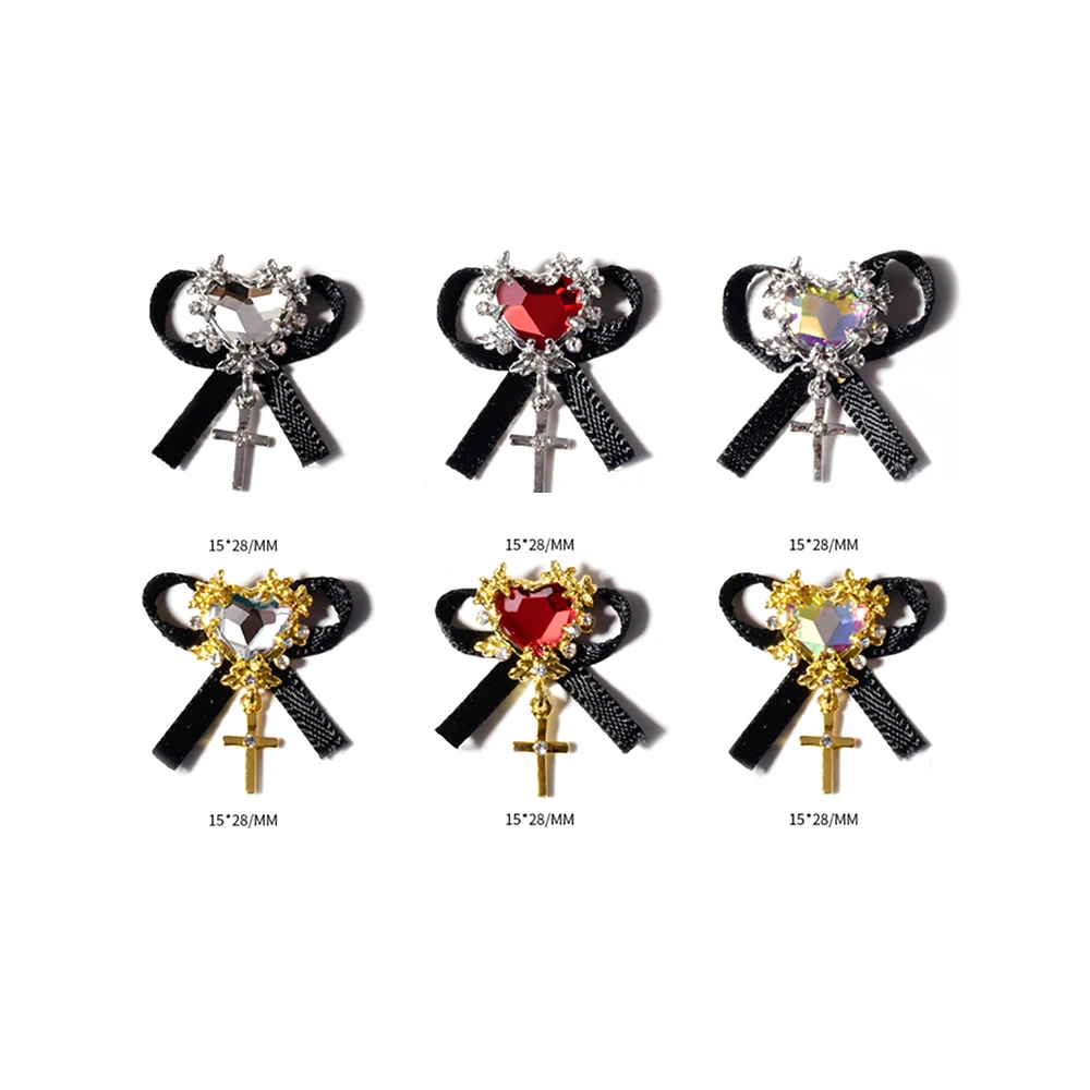 5pcs/com Diablo Gothic Lolita Nail Charms Bowknot (AB, White, Red) Glass Crystal Jewel Christ Cross Nail Art Goth Charms 15*28MM