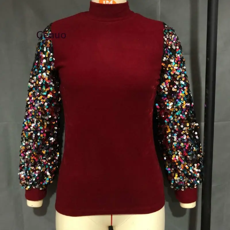 Sequin Patchwork Lantern Sleeve Blouse Women Half High Collar Female Clothes Tops Spring Autumn Casual Streetwear Ladies Blouses