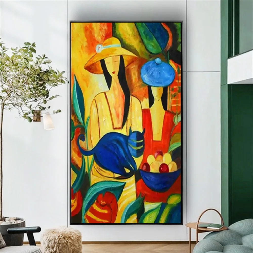 

100% Hand-Painted Fashion Woman Wall Art Bright Colorful Contemporary Picasso Gold Thick Oil Painting On Canvas Original Poster