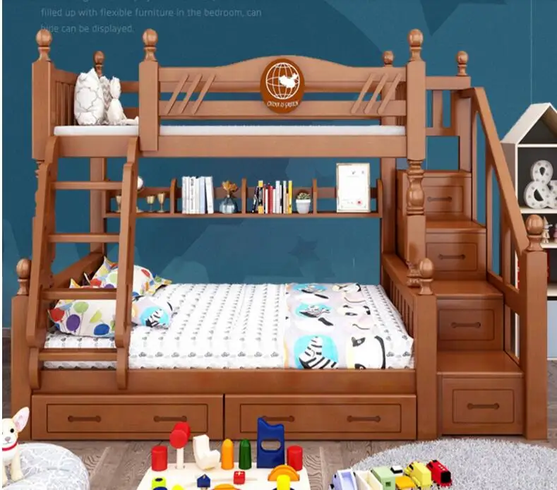 Fluctuation bed bunk bed multi-functional combination of completely real wood children two layers of machine tool bed wooden bed