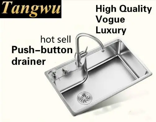 Free shipping Apartment wash vegetables big kitchen single trough sink push button drainer 304 stainless steel luxury 70x45 CM