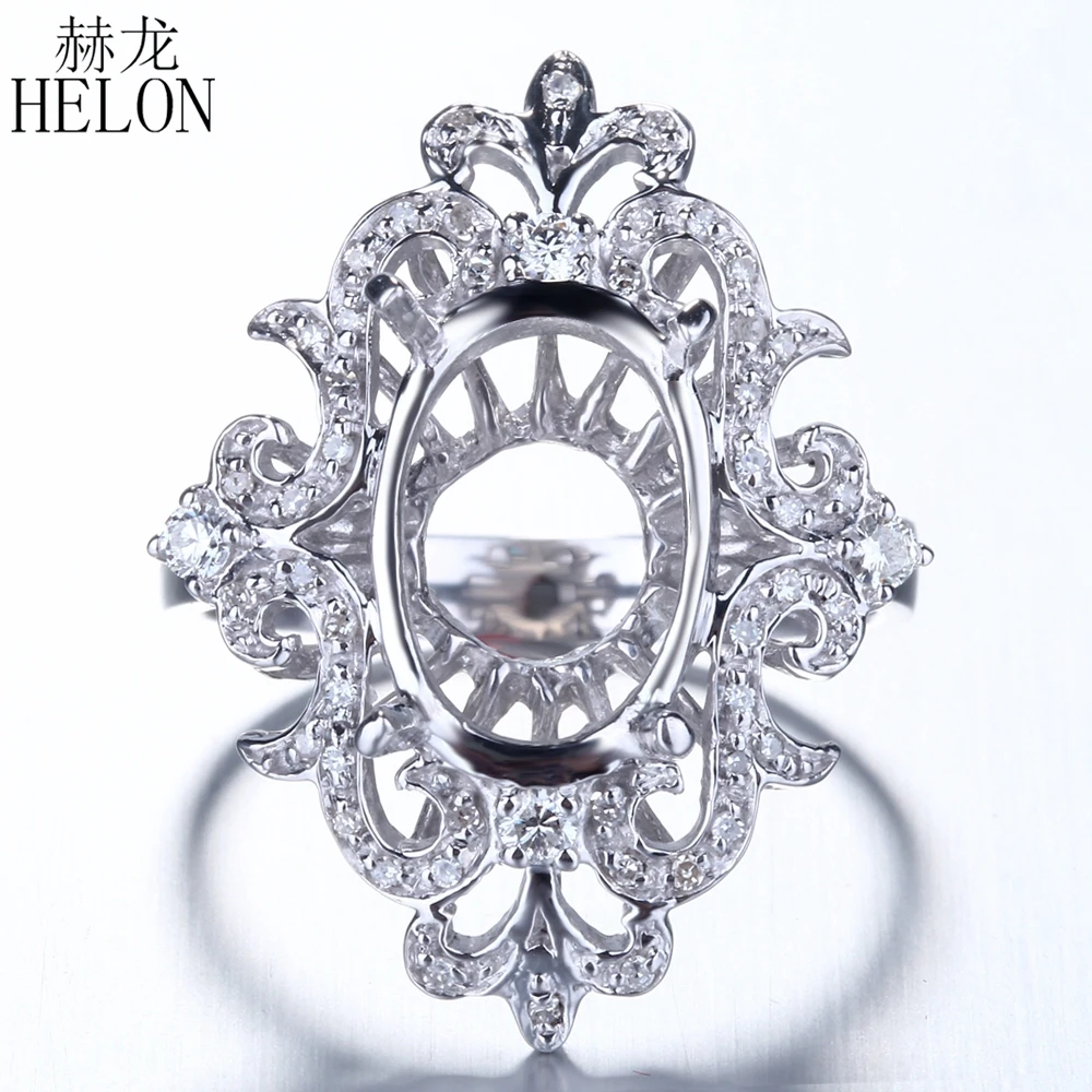 HELON Oval Cut 13x9mm Solid 14K White Gold Natural Diamonds Semi Mount Engagement Ring Women Trendy Special Flowers Fine Jewelry