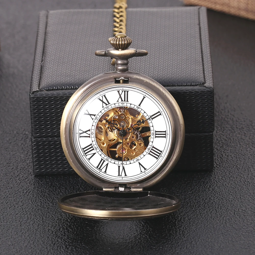 Carved copper color exquisite fashion hollow Roman scale mechanical pocket watch