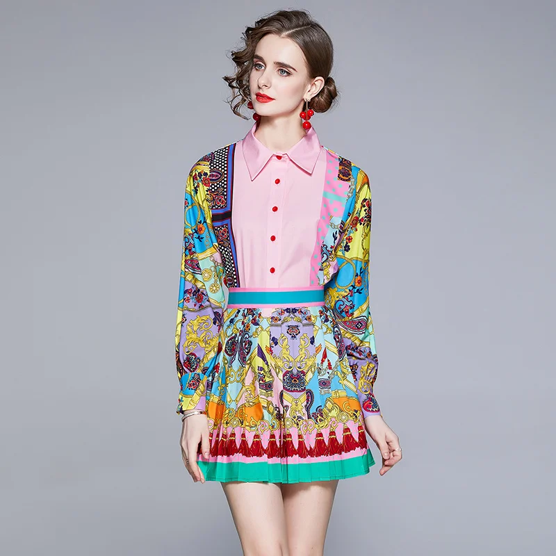 

Runway Spring Summer New Two Pieces Set Women's Long Sleeve Floral Print Shirt Tops And Fashion Pleated Short Skirts Suits