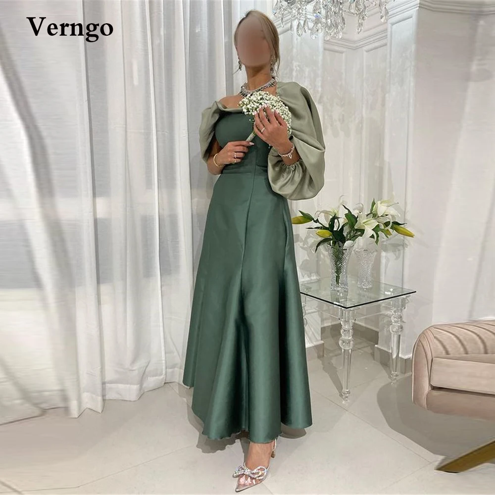 

Verngo Old Green A Line Satin Prom Dresses Puff 3/4 Long Sleeves Ankle Length Formal Evening Party Dress For Saudi Arabic Women