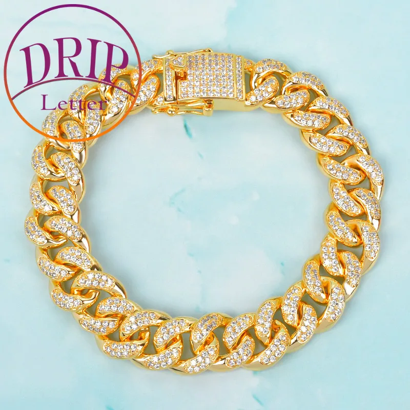 

Drip Letter Cuban Link Bracelet for Men Real Gold Plated Iced CZ Charm Rock Street Rapper Style Hip Hop Jewelry