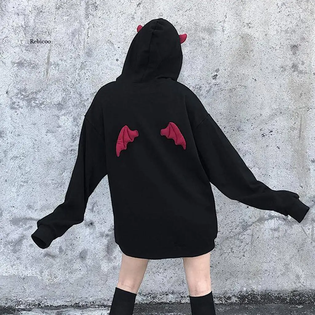 Spring Autumn Women Sweatshirts High Street Harajuku Cute Hoodies Punk Gothic Devil Horn Chic Hooded Pullover Loose Sweat Hoodie