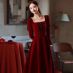 Retro Velvet Engagement Party Dresses For Women 2021 Beadings Square Collar Long Sleeve Burgundy Gown Women Winter Wear