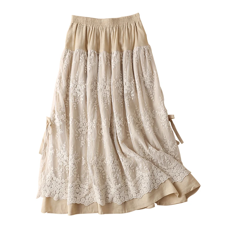 Women's Long Maxi Skirt, Elastic Waist, Linen Cotton Skirt, Flower Embroidery, Lace Pockets, Spring and Summer, New, 2024