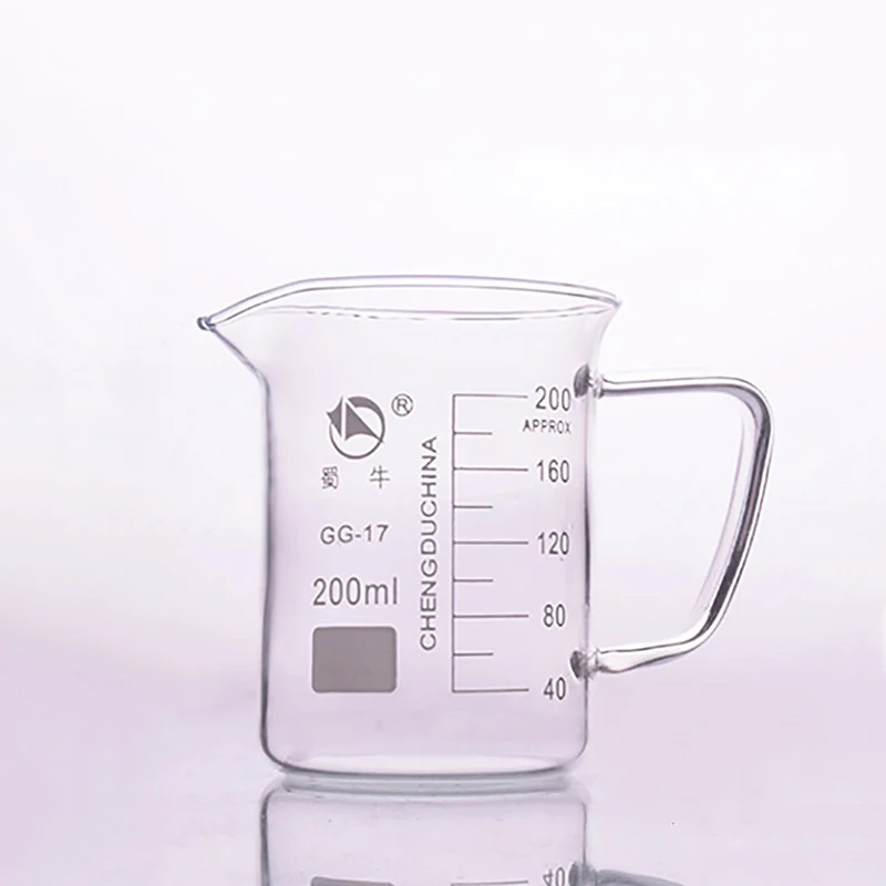 

With handle beaker in low form,Capacity 200ml,Outer diameter=65mm,Height=90mm,Laboratory beaker with handle