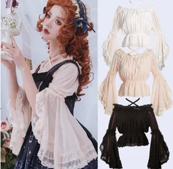 Sweet lolita shirt vintage lace bowknot o-neck flare sleeve cross bandage victorian shirt kawaii girl gothic lolita top loli cos