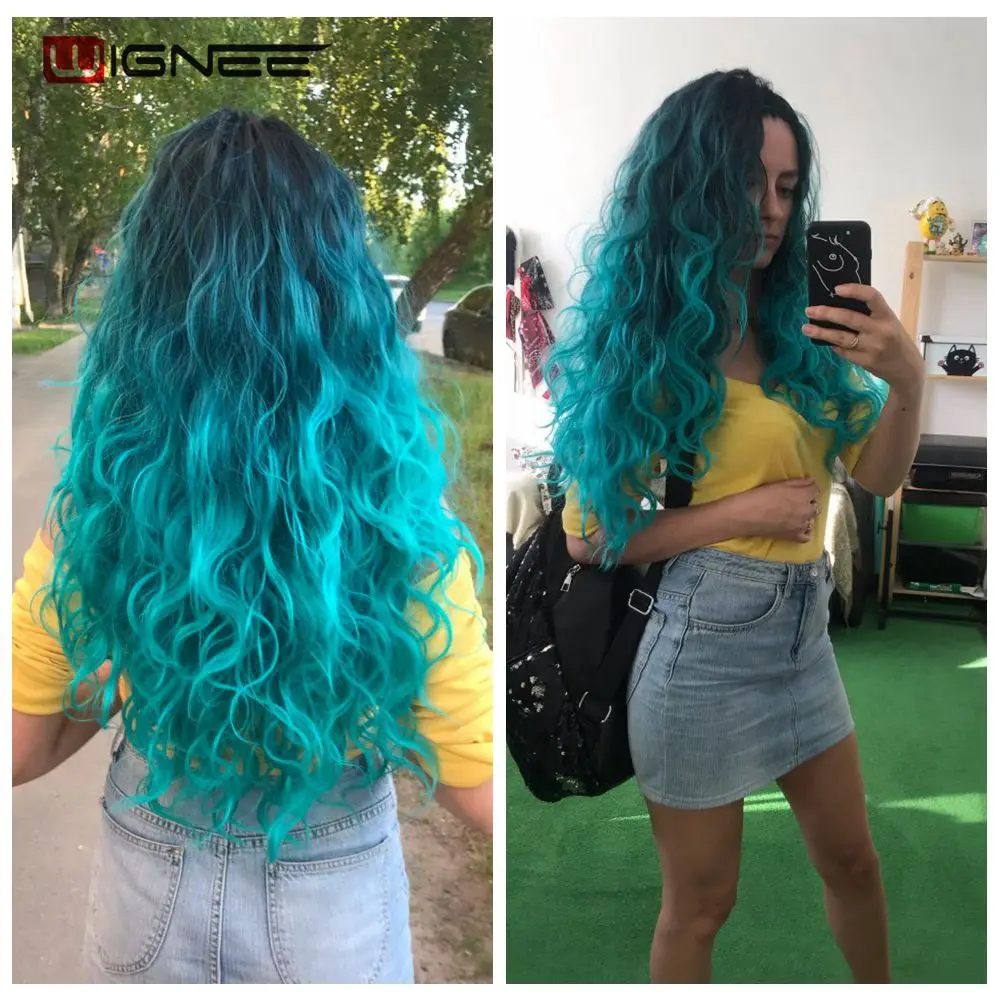 Wignee  Synthetic Hair Extension For Black Women Colorful Hair Bundles With Closure 3 Tone Ombre Color Purple/Blue/Grey Hair