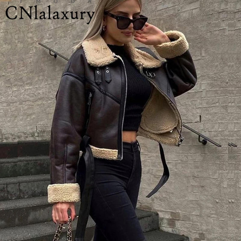 2023 Fur Long Sleeve Loose Belt Warm Women Pu Leather Jacket Lamb Wool Winter Thick Motorcycle Lapel Female Chic Coat Outwear