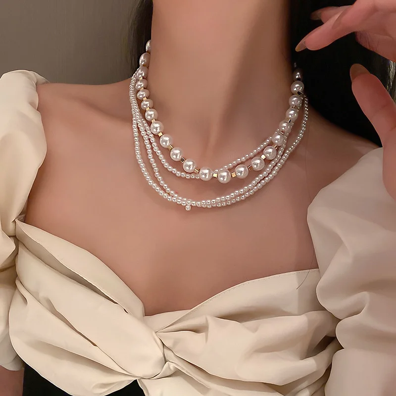 FYUAN Korean Style Multilayer Pearl Choker Necklaces for Women Geometric Necklaces Weddings Bride Jewelry Accessories