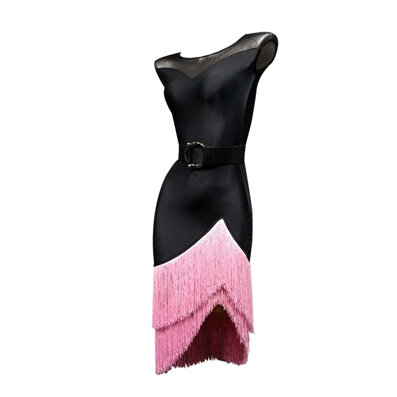 

Sleeveless Pink Tassels Latin Dance Dress For Salsa Dance Costumes Tango Rumba Dance Wear